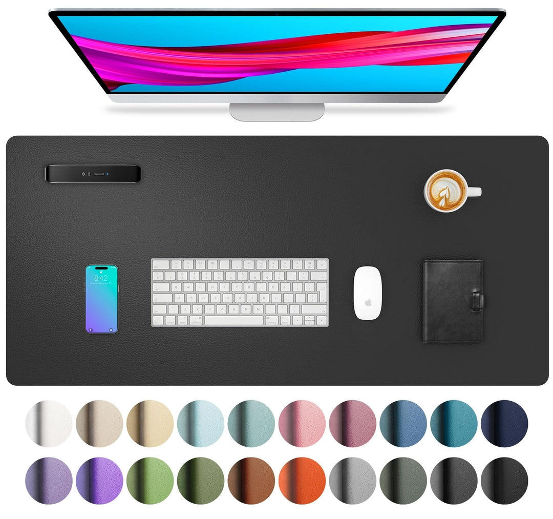 PU Leather Desk Pad – Non-Slip Writing and Mouse Mat, 80x40 cm, Black & Light Blue
