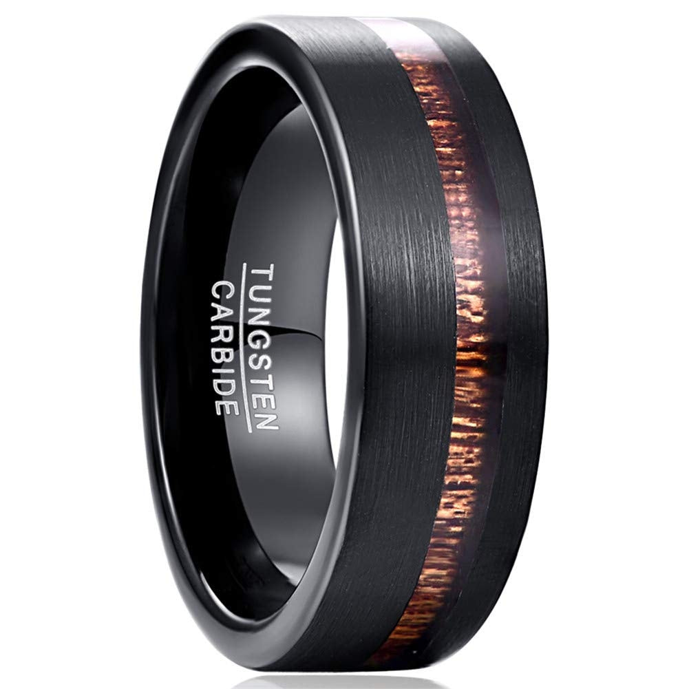 Men's Ring Tungsten 8mm – Black Matte with Asymmetric Wooden Inlay (Size 67 / Ø 21.3mm)