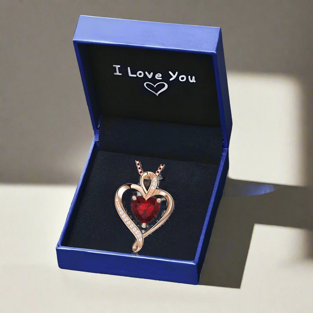 925 Silver Necklace, Rose Gold Plated, Heart-Shaped Model with Red Zirconia