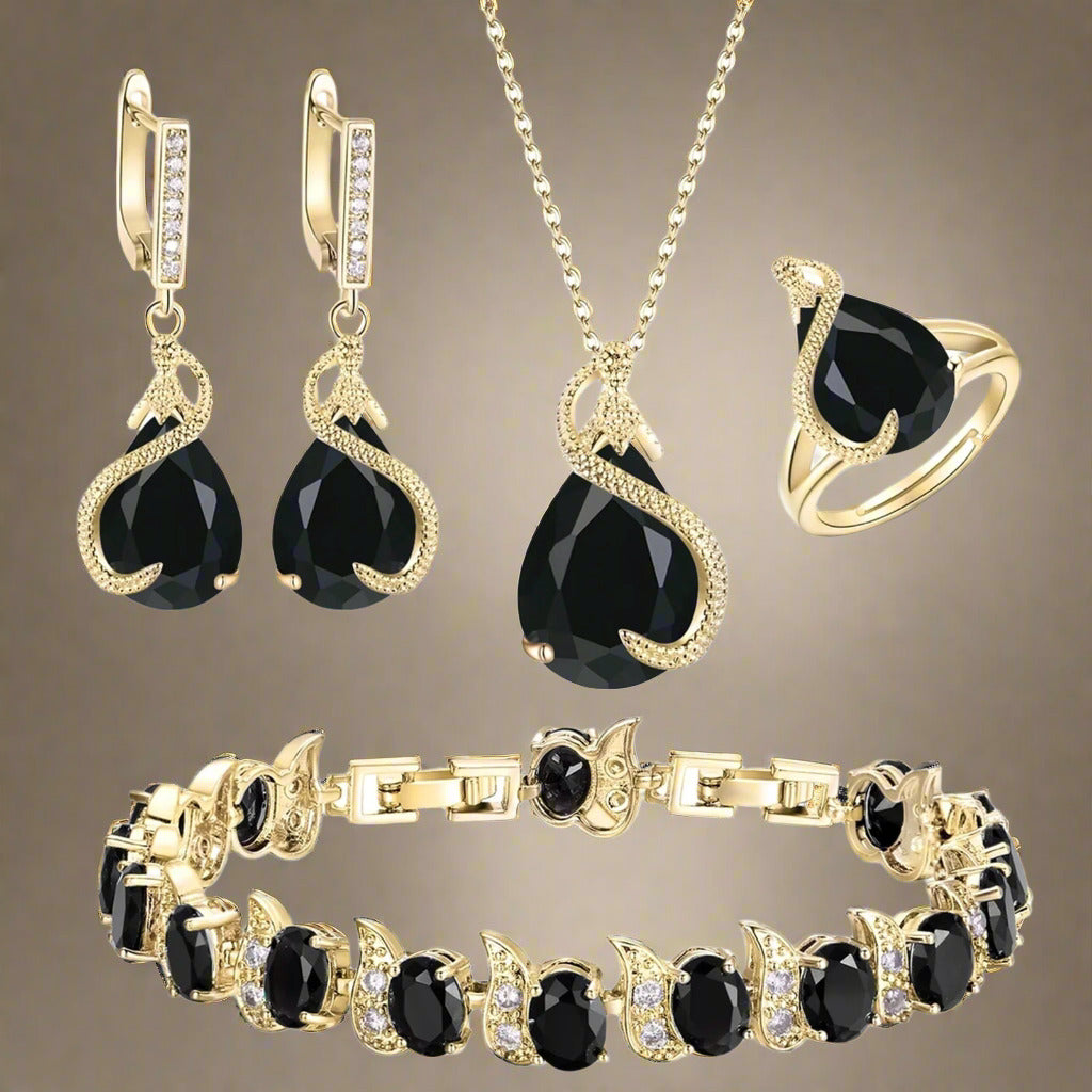 Set Glamour cu 4 Piese – Colier, Cercei, Brățară și Inel Deschis cu Zirconiu, Negru & Auriu, pentru Nuntă sau Petrecere