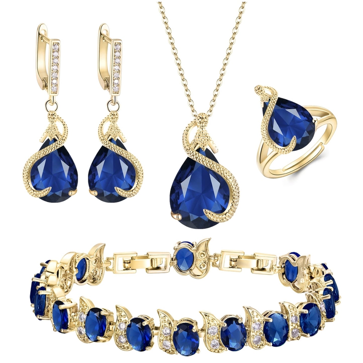 Set Glamour cu 4 Piese – Colier cu Pandantiv, Cercei, Brățară Tennis și Inel Deschis cu Zirconiu, Albastru & Auriu, pentru Nuntă sau Petrecere