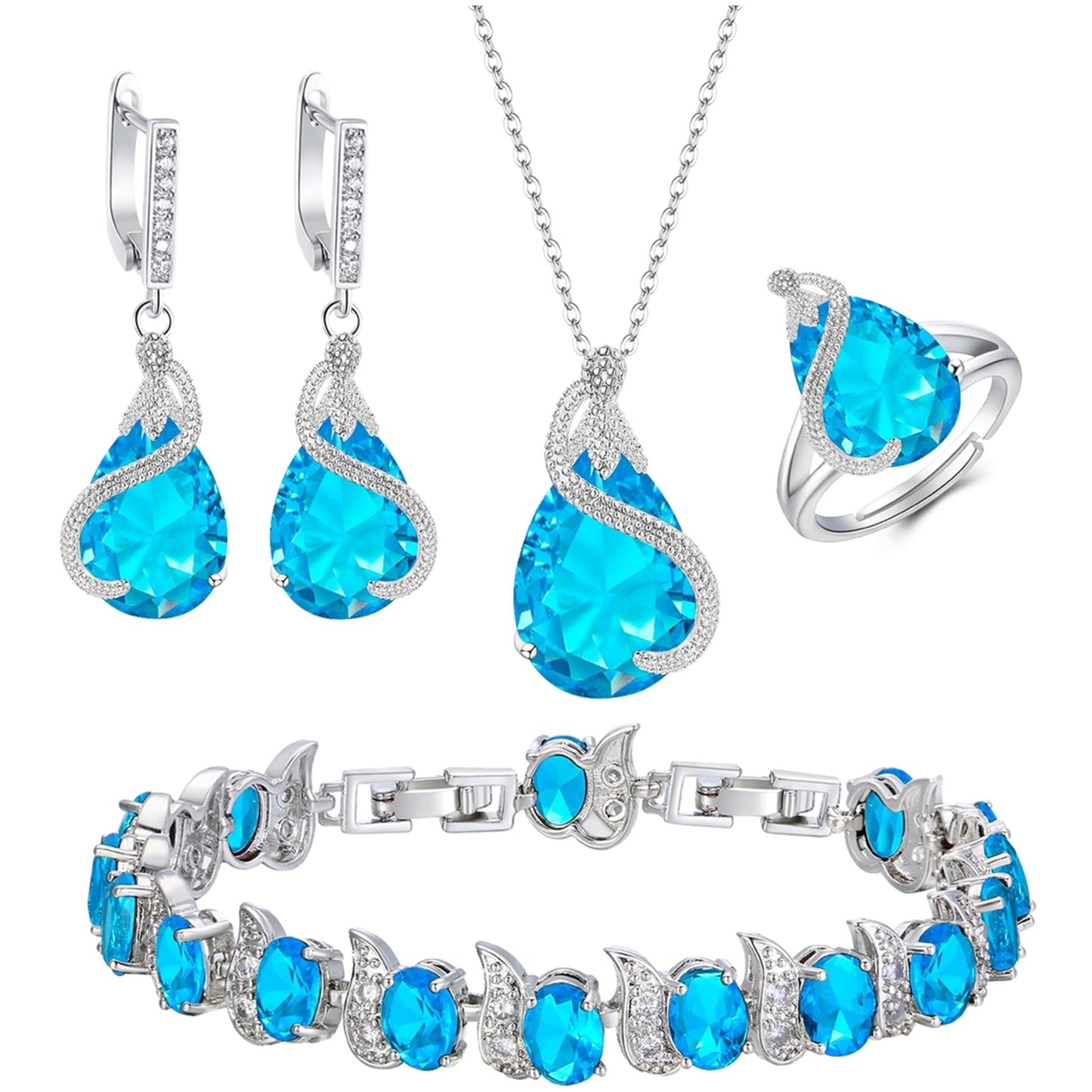 Set Glamour cu 4 Piese – Colier cu Pandantiv, Cercei, Brățară Tennis și Inel Deschis cu Zirconiu Transparent, Ton Argintiu, pentru Nuntă sau Petrecere