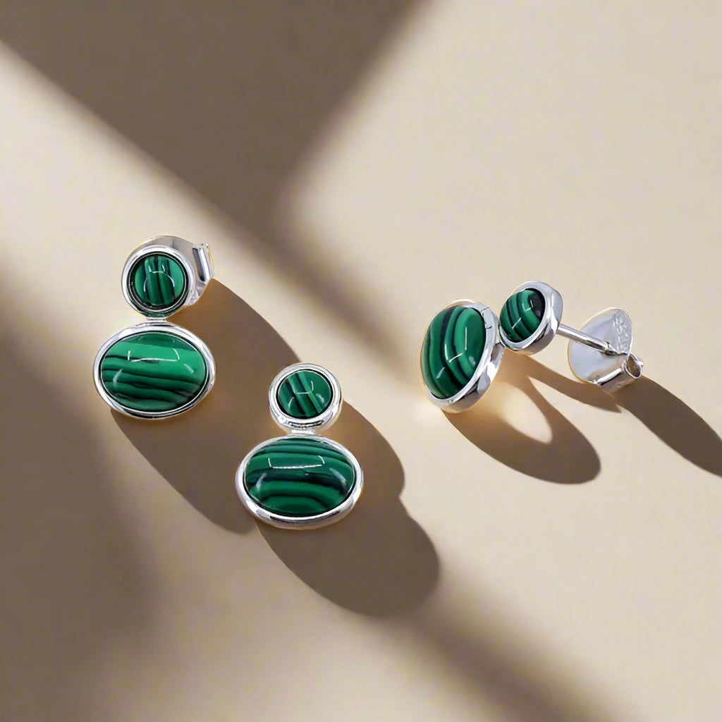 Set of 925 silver with green malachite stone