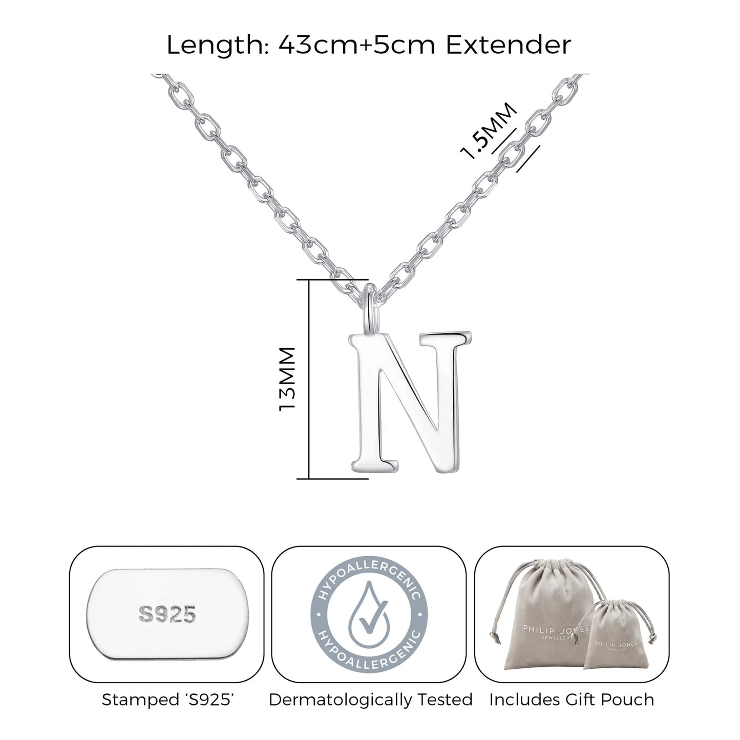 Necklace with initial 'N' in 925 silver - 2.61g, stylish and personal