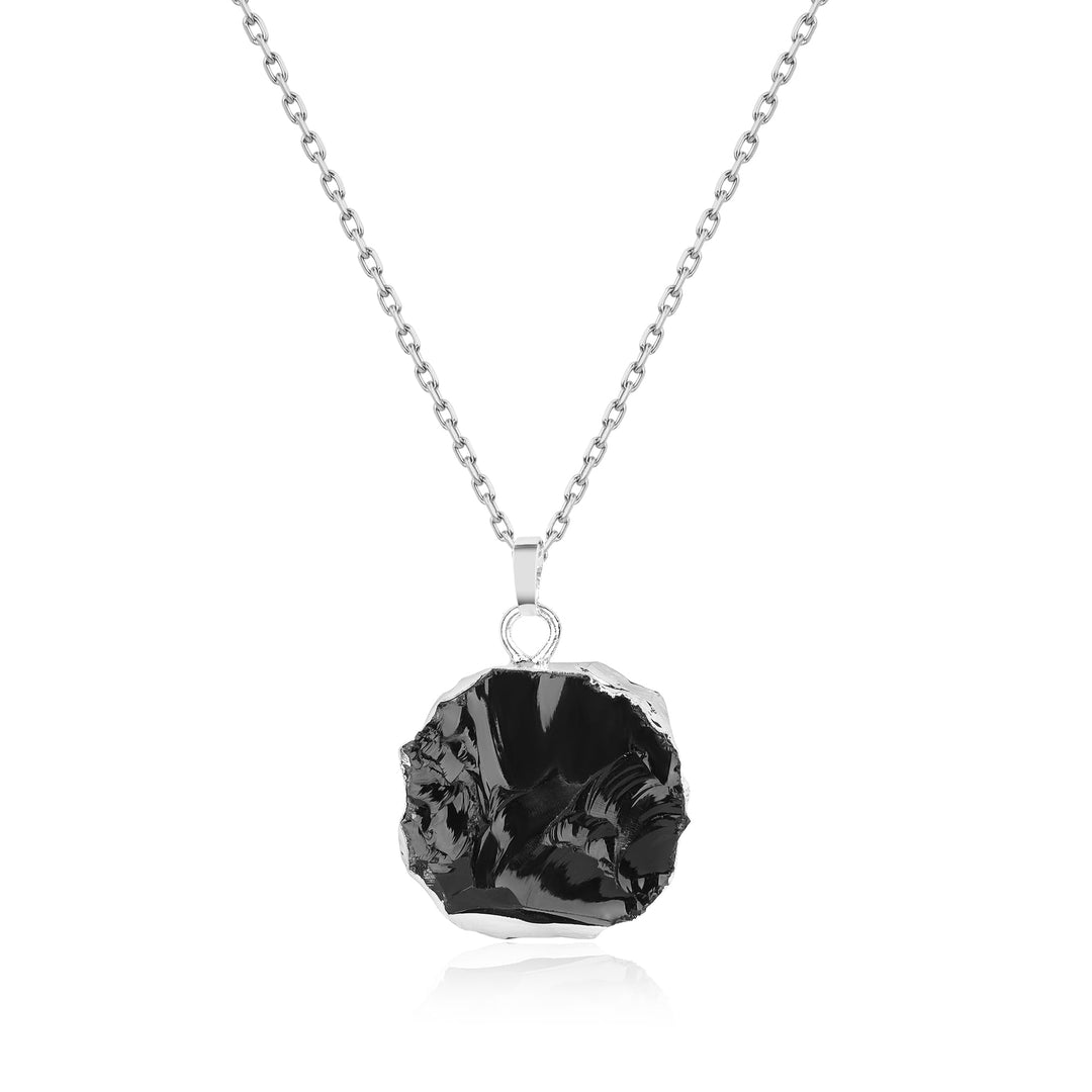 Necklace with Pendant of Raw Black Obsidian – Chain 40 cm + 5 cm extension