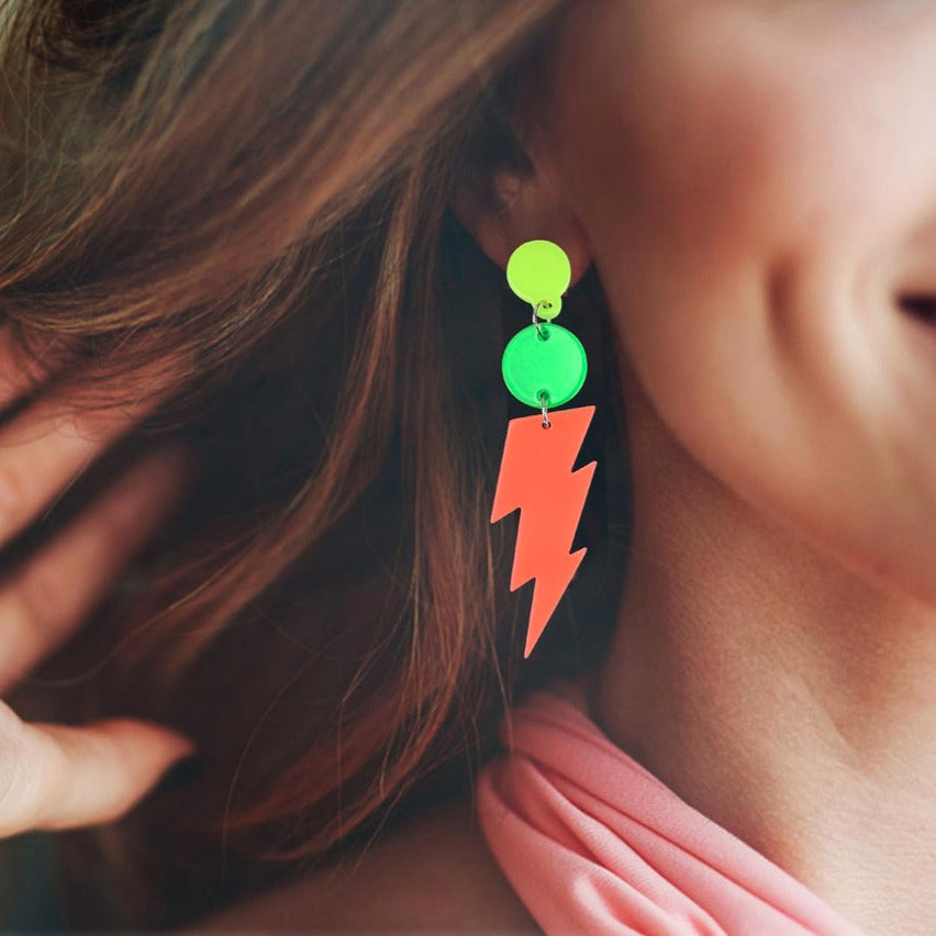 2 pairs of neon earrings, 80s-90s style, colorful accessories for theme party, carnival or fancy dress party