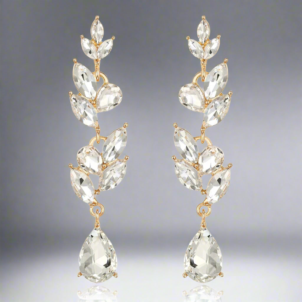 Elegant Earrings with Leaf Motif and Crystals – Art Deco Style, Transparent White, Gold Colored