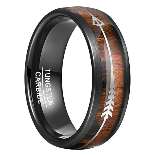 Herenring van Tungsten 8mm – Houten Inleg met Zilveren Pijl en Glanzend Zwarte Binnenkant