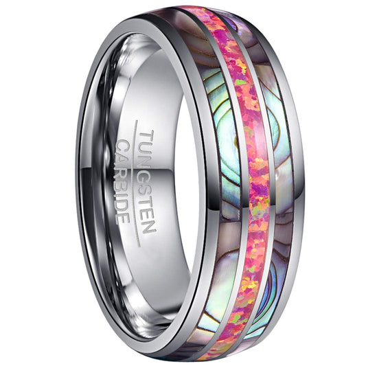 Tungsten Herenring 8mm – Magenta Opal en Abalone Inleg, Trouwring of Verlovingsring (Maat 75 / Ø 24mm)