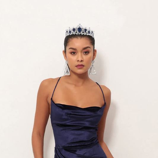 Coroniță tiara argintie cu cristale de culoare safir – model baroc pentru mireasă, regină, petreceri, bal, nuntă, zi de naștere sau costum de prințesă