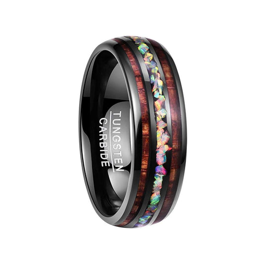 Uniseks Zwarte Tungsten Ring 8mm – Inleg van Opaal en Hawaïaans Hout, Verlovings- of Partner Ring
