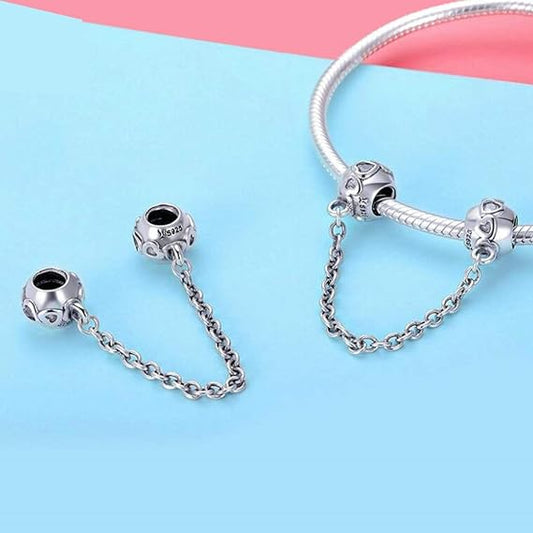 925 Sterling Silver "Love" Crystal Safety Chain Charm Stopper – Fits Pandora & European Snake Chain Bracelets