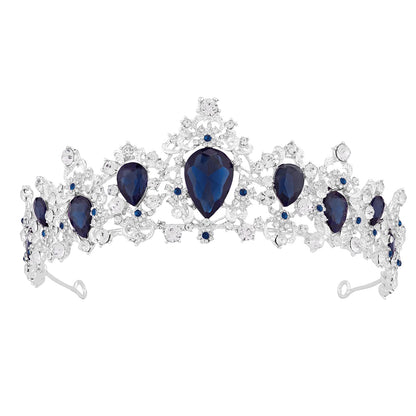 Coroniță tiara argintie cu cristale de culoare safir – model baroc pentru mireasă, regină, petreceri, bal, nuntă, zi de naștere sau costum de prințesă