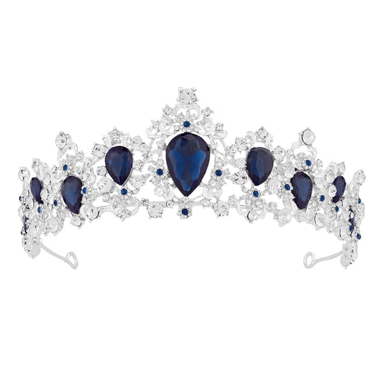 Coroniță tiara argintie cu cristale de culoare safir – model baroc pentru mireasă, regină, petreceri, bal, nuntă, zi de naștere sau costum de prințesă