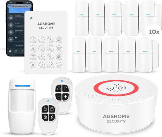 Sistem de alarmă wireless AGSHOME cu WiFi, 120dB, 10 senzori, senzor de mișcare, tastatură și 2 telecomenzi – control prin aplicație, compatibil cu Alexa