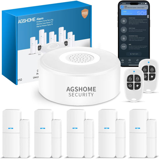 AGSHOME draadloos WiFi alarmsysteem met 120dB sirene, 5 deur- en raamsensoren, 2 afstandsbedieningen – compatibel met Alexa & Google Assistant