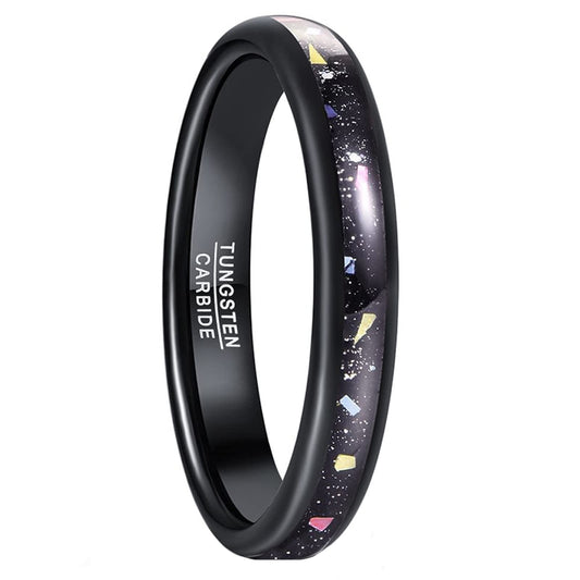 Tungsten Trouwring 4mm – Bolvormige Band met Zwarte Opaal en Glanzend Zwarte Binnenkant