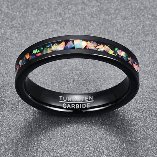 Tungsten Trouwring 4mm – Bolvormige Band met Zwarte Opaal en Glanzend Zwarte Binnenkant