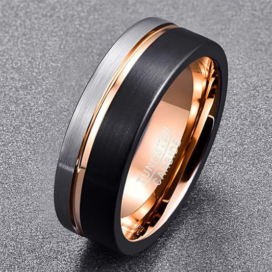 Tungsten Carbide Partner Ring 8mm – Zilver, Zwart & Roségoud, Trouwring voor Dames en Heren (Maat 72 / Ø 23mm)