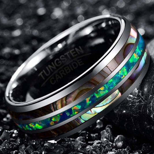 Tungsten Ring 8mm voor Dames en Heren – Hoogglans Ring met Groene Opaal en Abalone, Belofte- of Verlovingsring