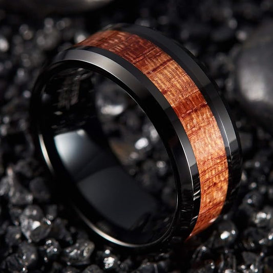Zwarte Tungsten Ring met Houten Inleg – Uniseks Trouwring, Comfort Fit 10mm (Maat 75)