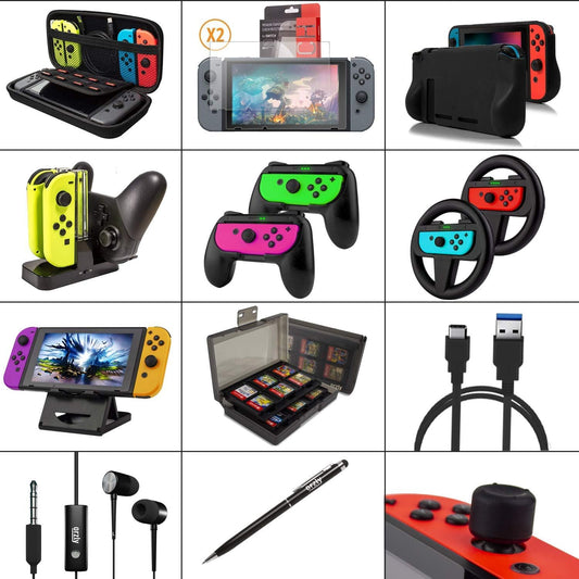 Kompletny zestaw akcesoriów do konsoli Nintendo Switch – etui, folia ochronna na ekran, uchwyty, kierownice wyścigowe, stacja ładująca i etui Comfort Grip – JetBlack
