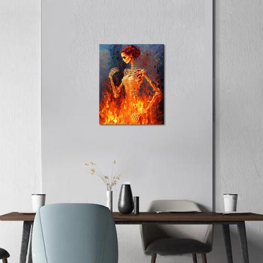 DIY schilderen op nummer – ‘Vrouwelijk skelet in vlammen’, set 40x50 cm zonder lijst, met 3 penselen – creatieve wanddecoratie voor volwassenen en kinderen