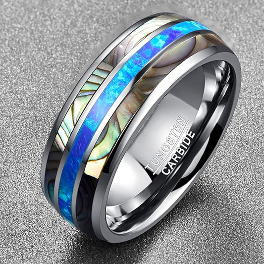 Zilveren Tungsten Trouwring 8mm – Afgeronde Ring met Blauwe Opaal en Abalone Inleg