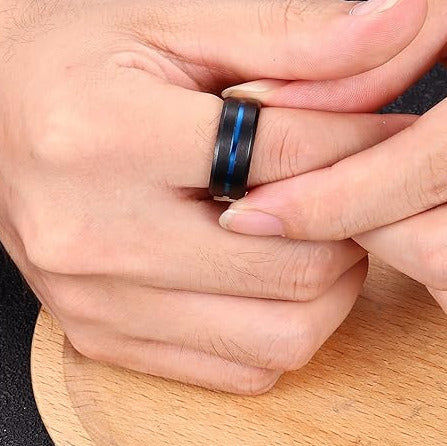 Tungsten Partner Ring 8mm – Mat Zwarte Buitenkant met Blauwe Accenten, Glanzende Binnenkant, Voor Dames en Heren
