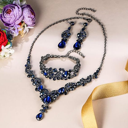 Set elegant de bijuterii  – Colier, cercei, brățară și inel reglabil cu cristale albastre