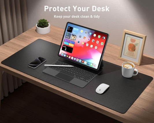 PU Leather Desk Pad – Non-Slip Writing and Mouse Mat, 80x40 cm, Black & Light Blue