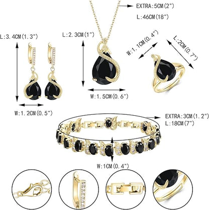 Set Glamour cu 4 Piese – Colier, Cercei, Brățară și Inel Deschis cu Zirconiu, Negru & Auriu, pentru Nuntă sau Petrecere