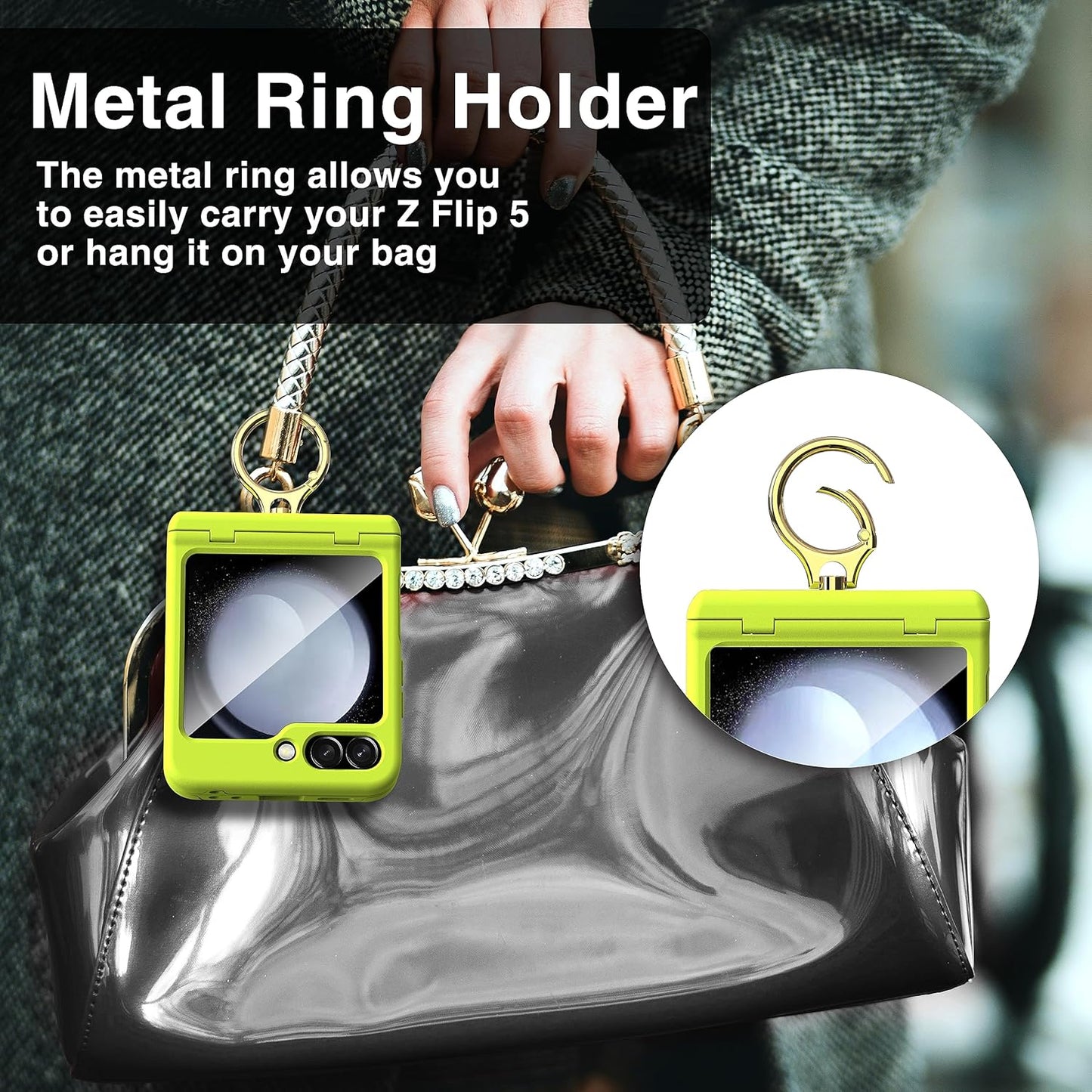 Galaxy Z Flip 5 Case with Ring Holder & Hinge Protection – Slim Hard PC Full-Body Cover, Neon Green