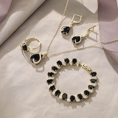 Set Glamour cu 4 Piese – Colier, Cercei, Brățară și Inel Deschis cu Zirconiu, Negru & Auriu, pentru Nuntă sau Petrecere