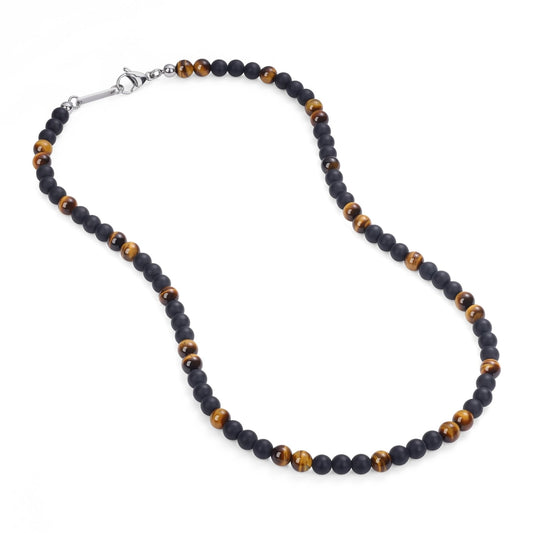 Men’s Necklace with Matte Onyx & Tiger Eye Beads – 65cm Gemstone Lucky Chain