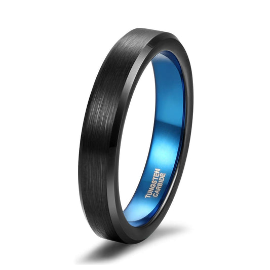 Inel din tungsten negru periat cu accente albastre – 4mm, unisex, pentru logodnă sau nuntă (mărime 50 / Ø 16mm)