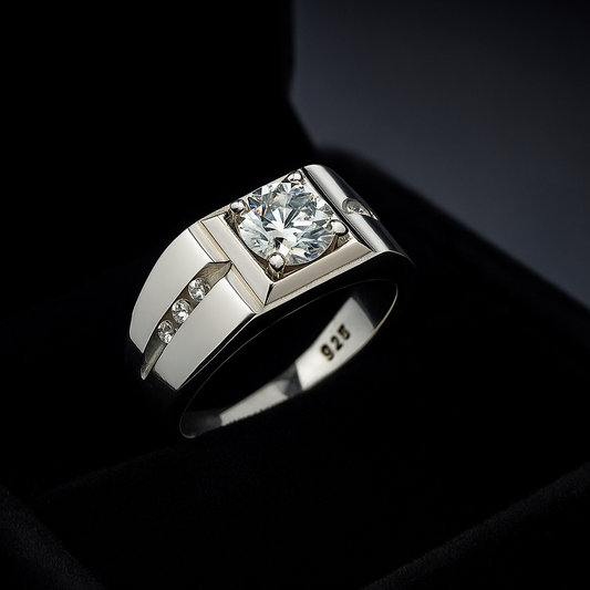 Herenring met 1 ct Moissaniet – 925 Sterling Zilver met Platinaplating, GRA Certificaat, Verstelbare Maat