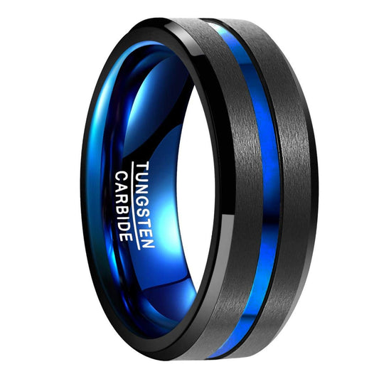 Tungsten Partner Ring 8mm – Mat Zwarte Buitenkant met Blauwe Accenten, Glanzende Binnenkant, Voor Dames en Heren