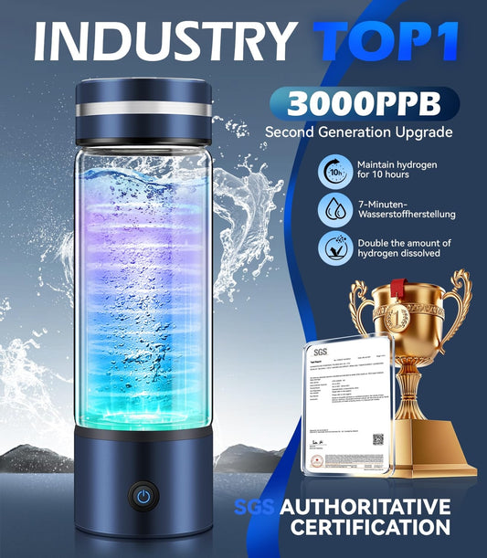 Waterstofwaterfles 420ml – SGS-gecertificeerd, 3000PPB, Dubbele Waterstofconcentratie, TOP SPE PEM-technologie, Zuivert in 3 Minuten – Blauw
