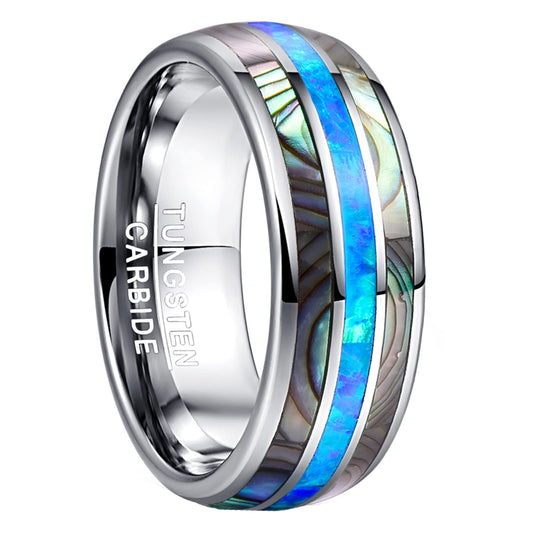 Zilveren Tungsten Trouwring 8mm – Afgeronde Ring met Blauwe Opaal en Abalone Inleg
