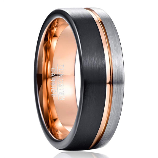 Tungsten Carbide Partner Ring 8mm – Zilver, Zwart & Roségoud, Trouwring voor Dames en Heren (Maat 72 / Ø 23mm)