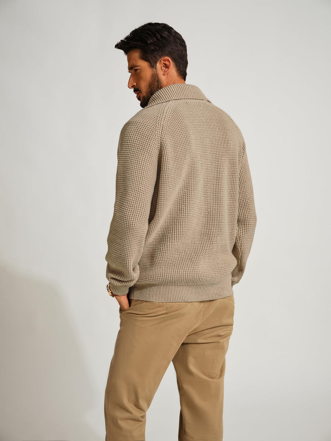 Pulover Bărbați PJ PAUL JONES – Guler Înalt, Fermoar V-Neck, Tricot Tip Waffle, Mărimea S, Kaki