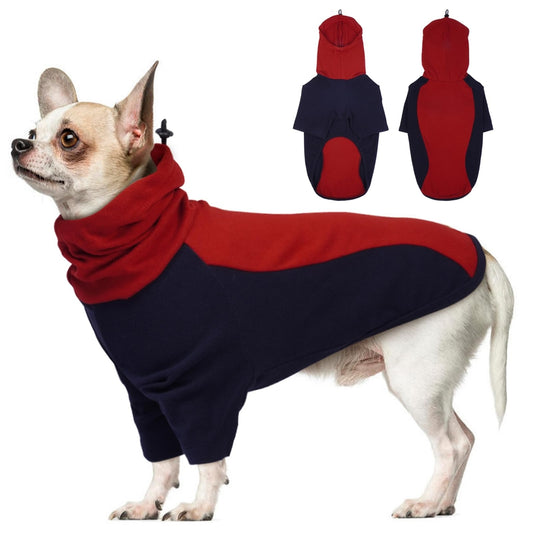 Warme fleece hoodie voor kleine honden – maat L, kleur navyblauw met bordeaux, comfortabele winter-overall