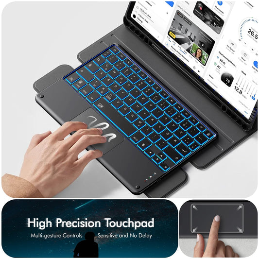 Keyboard Case for Samsung Galaxy Tab S10+ / S9 FE+ – German Backlit Bluetooth Keyboard, 360° Rotation, Precision Touchpad, Black