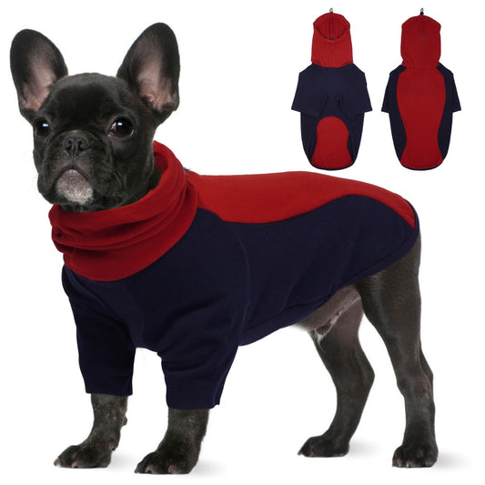 Warme fleece hoodie voor kleine honden – maat L, kleur navyblauw met bordeaux, comfortabele winter-overall