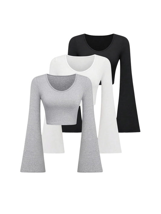Set van 3 cropped dames-T-shirts met ronde hals en uitlopende mouwen – zwart, grijs en wit, maat M