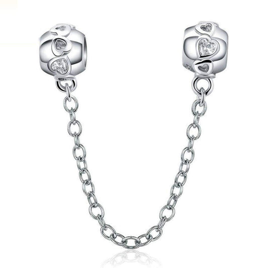 925 Sterling Silver "Love" Crystal Safety Chain Charm Stopper – Fits Pandora & European Snake Chain Bracelets