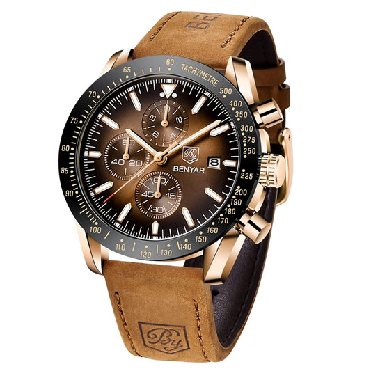 BENYAR herenhorloge – quartz chronograaf, datumaanduiding, waterdicht, gouden stalen kast, bruine lederen band