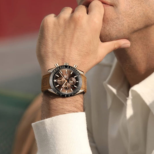 BENYAR herenhorloge – quartz chronograaf, datumaanduiding, waterdicht, gouden stalen kast, bruine lederen band