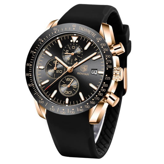 BENYAR herenhorloge – quartz chronograaf, datumaanduiding, waterdicht, gouden stalen kast, zwarte siliconen band